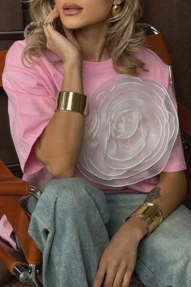 Casual Sweet Solid Flowers O Neck T-Shirts Pink / S Tops/Tees & T-Shirts
