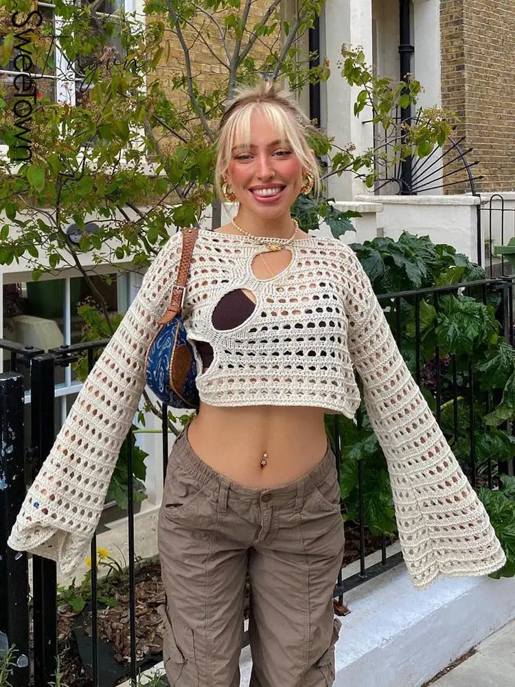 Ingvn - Hot Sell Irregular Hollow Out Knitted Y2K T - Shirts Women Summer Vacation Clothes O Neck