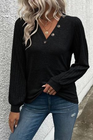 Stylish V Neck Long Sleeve Ribbed T-shirt - Women's Elegant Daily T-Shirts with Buttons - Soft, Breathable, and Comfortable Clothing for Everyday Wear