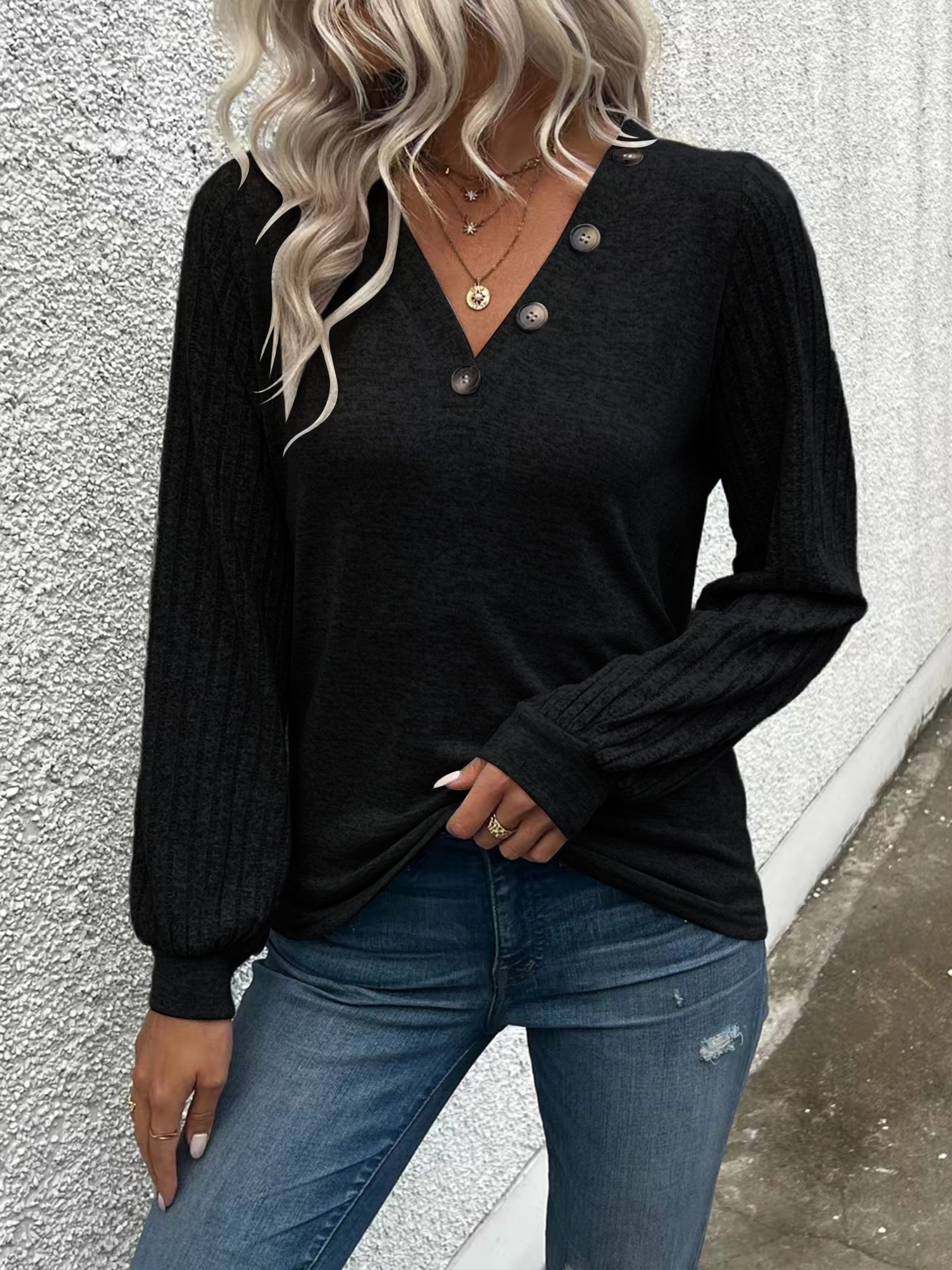 Stylish V Neck Long Sleeve Ribbed T-shirt - Women's Elegant Daily T-Shirts with Buttons - Soft, Breathable, and Comfortable Clothing for Everyday Wear