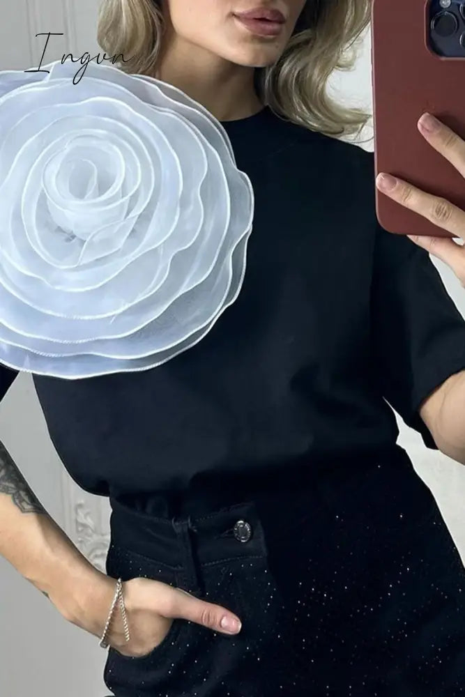 Casual Sweet Solid Flowers O Neck T-Shirts Tops/Tees & T-Shirts