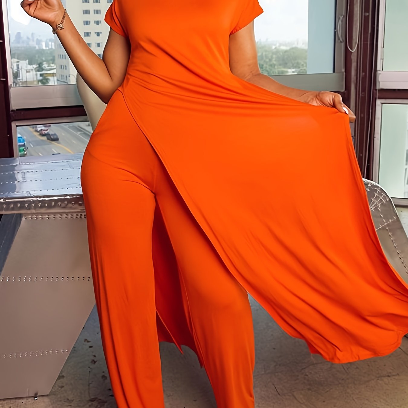 Plus Size Solid Color Split Hem Oversized T-shirt & Pants Set, Women's Plus High Stretch 2pcs Set - Image 11