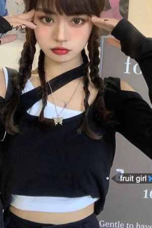 Ingvn - 2023 Shirts For Women Korean Woman Tshirts Chic Fake Two Long Sleeve Off Shoulder Tees Tops