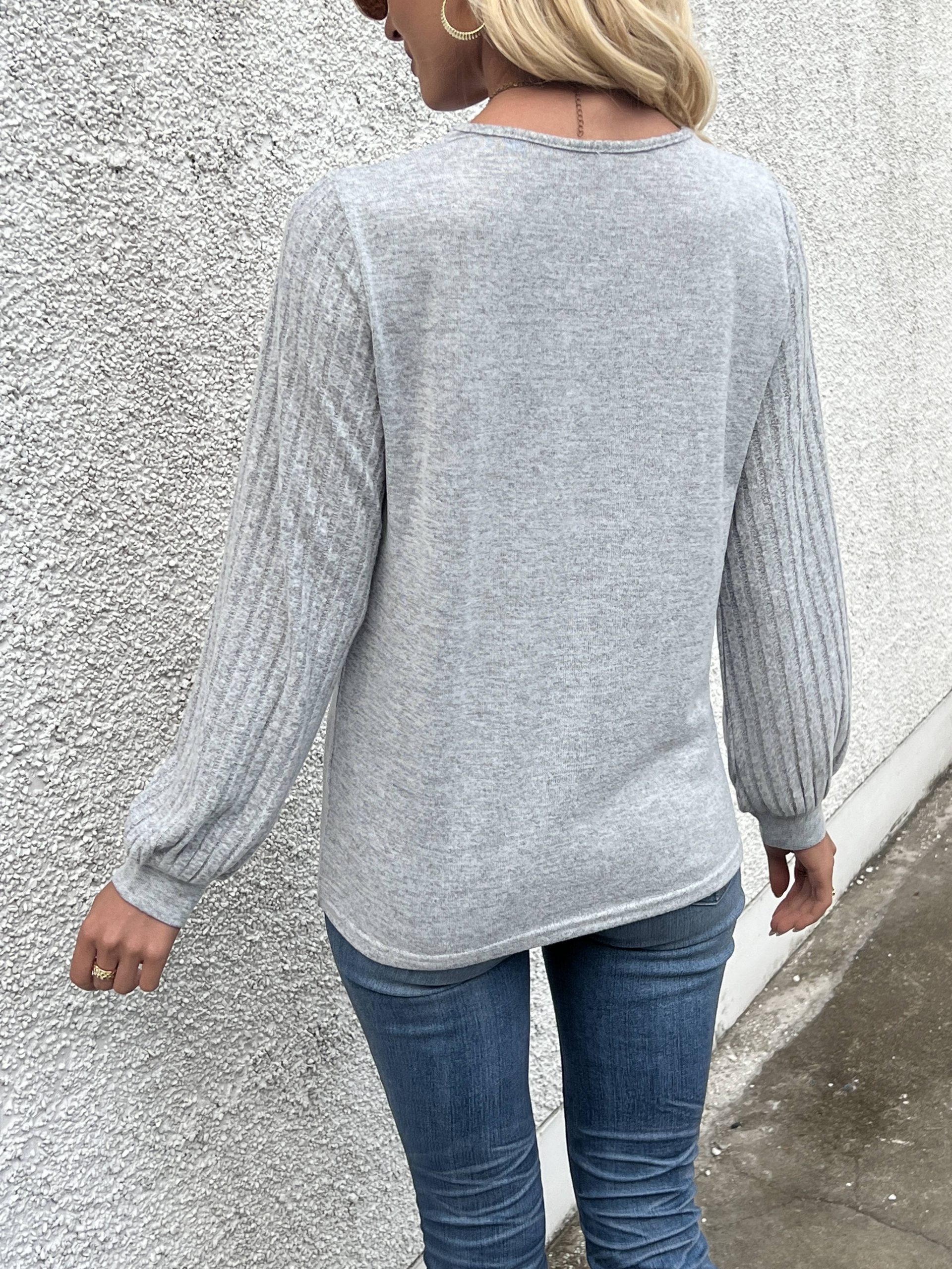 Stylish V Neck Long Sleeve Ribbed T-shirt - Women's Elegant Daily T-Shirts with Buttons - Soft, Breathable, and Comfortable Clothing for Everyday Wear - Image 5