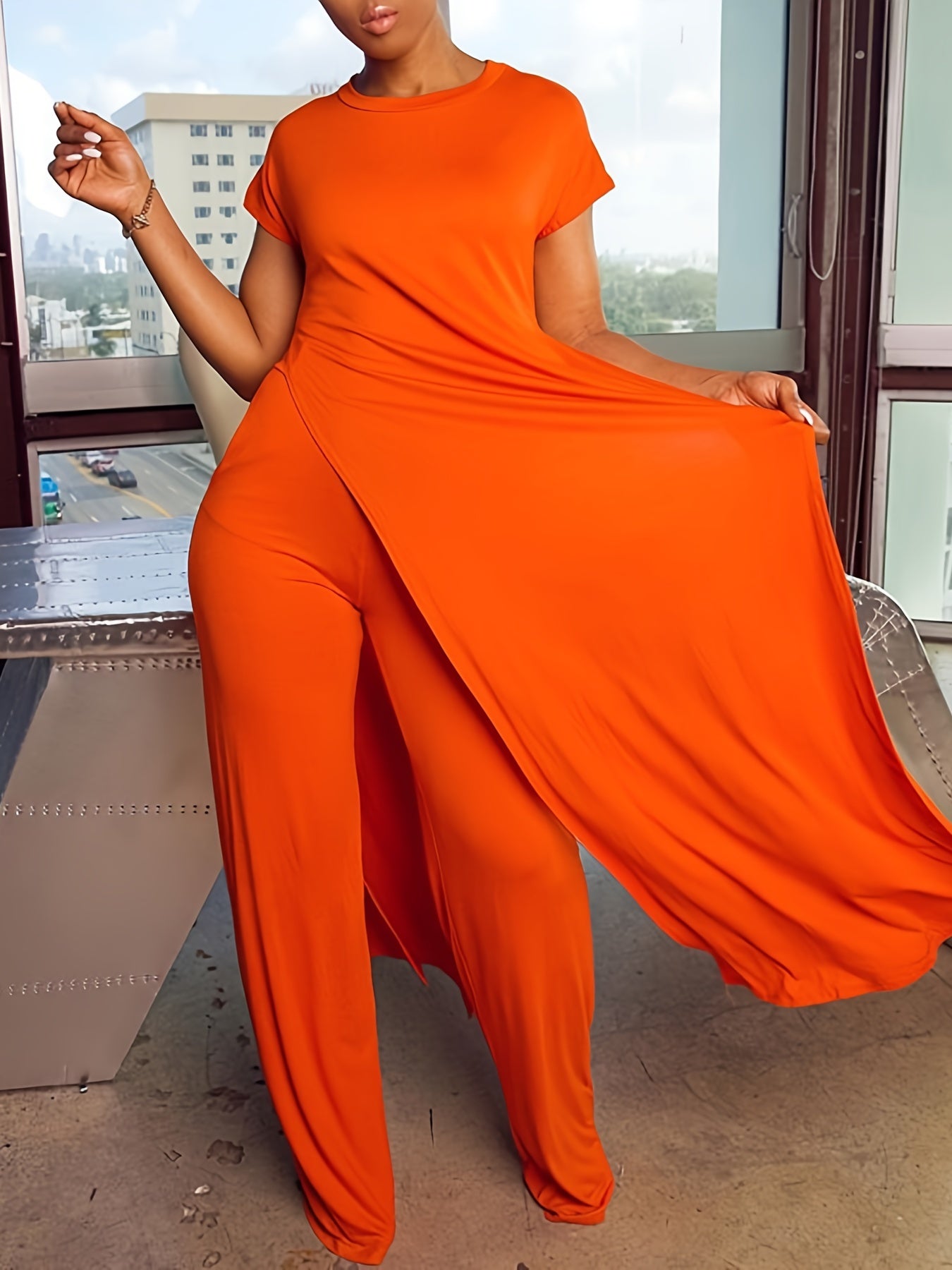 Plus Size Solid Color Split Hem Oversized T-shirt & Pants Set, Women's Plus High Stretch 2pcs Set - Image 2