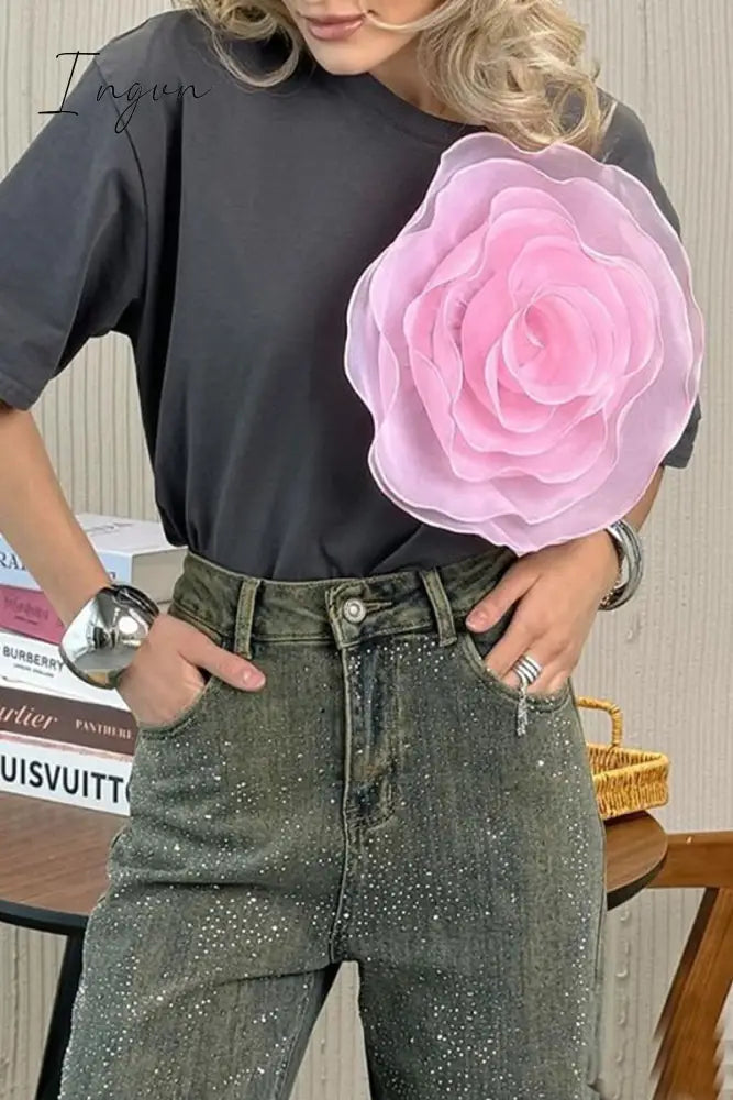 Casual Sweet Solid Flowers O Neck T-Shirts Grey / S Tops/Tees & T-Shirts