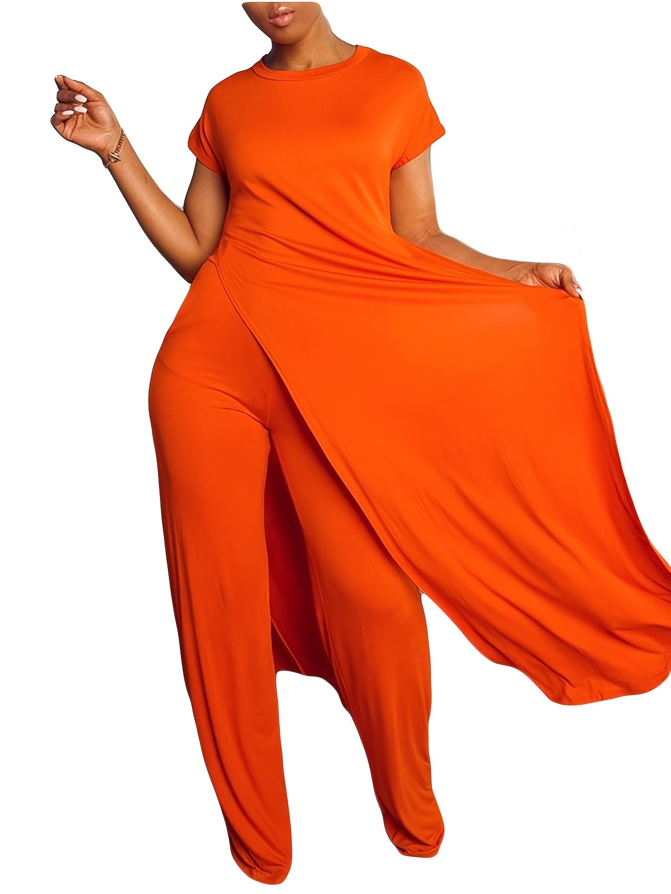 Plus Size Solid Color Split Hem Oversized T-shirt & Pants Set, Women's Plus High Stretch 2pcs Set - Image 8