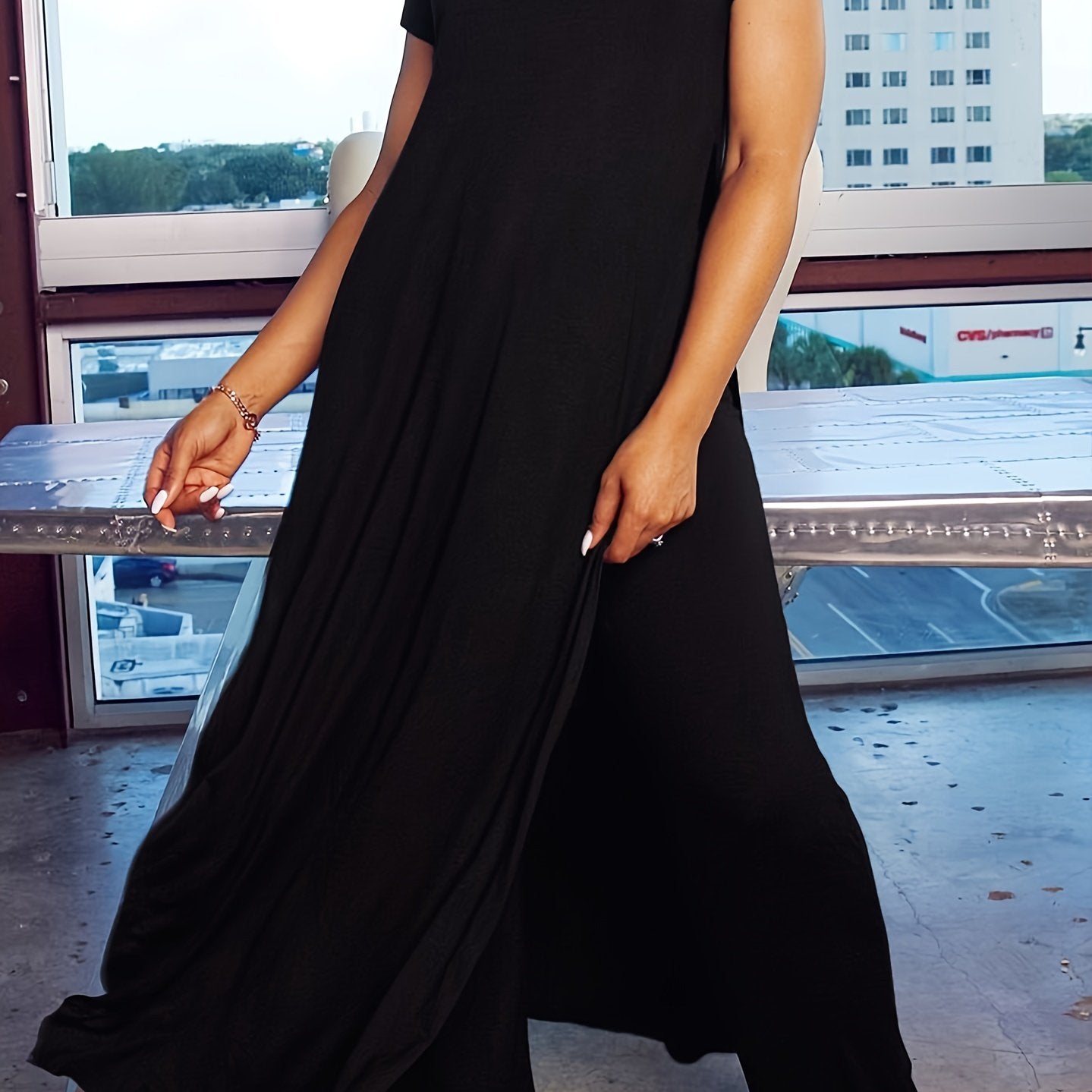 Plus Size Solid Color Split Hem Oversized T-shirt & Pants Set, Women's Plus High Stretch 2pcs Set - Image 12