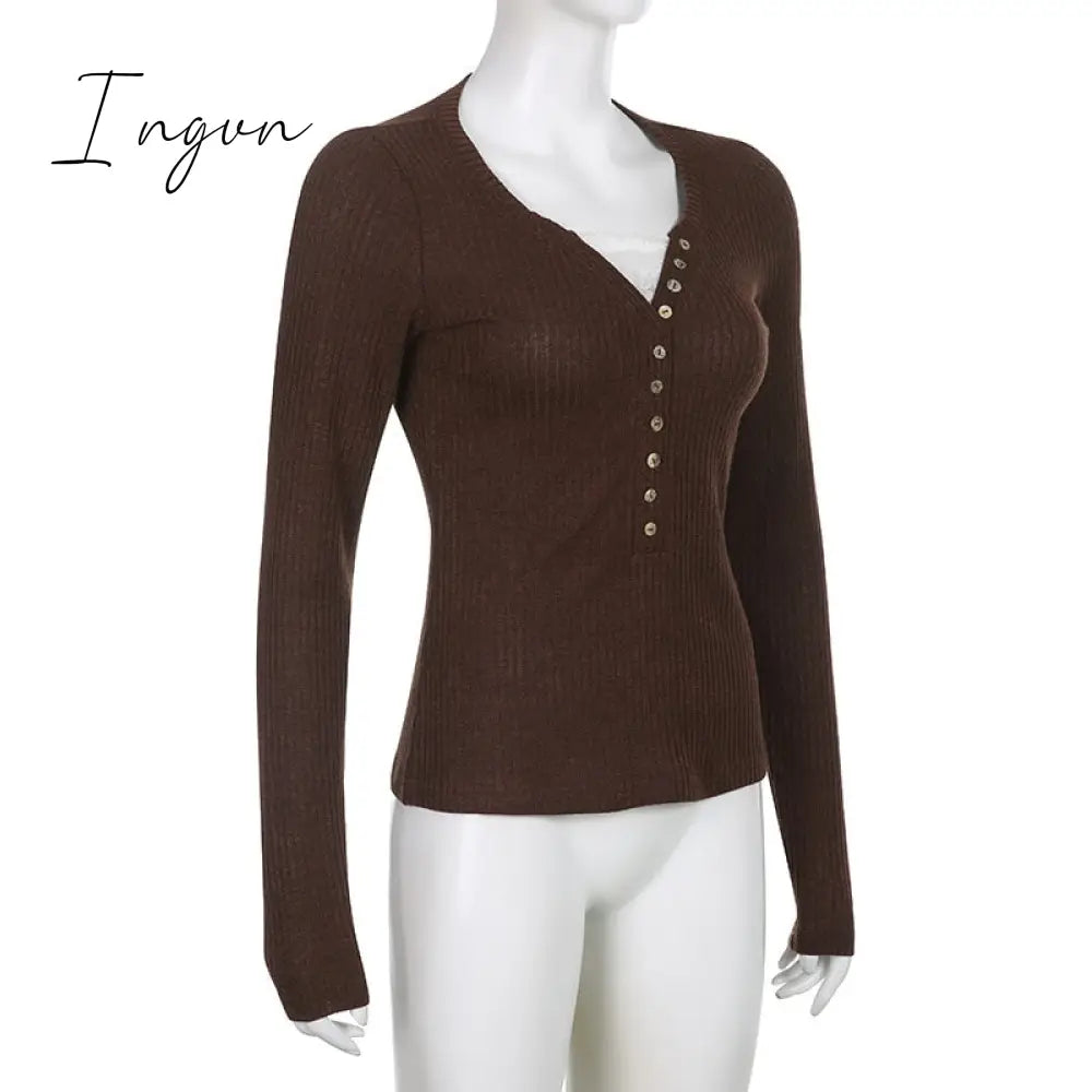 Ingvn - Womens Fashion Button Up Fairy Grunge Aesthetic Casual T-Shirts Retro Y2K Ribbed Lace