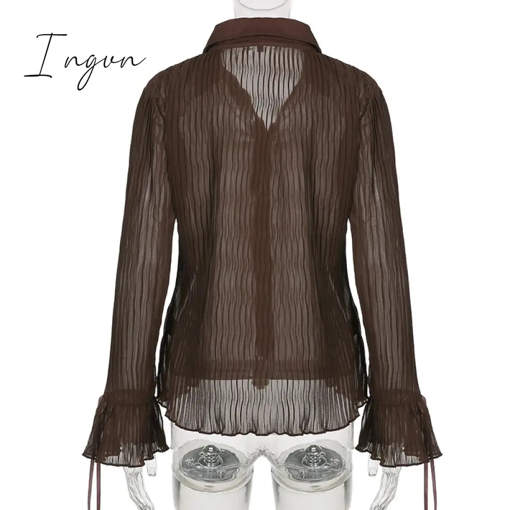 Ingvn - Hot Sell Vintage White Folds Cute Y2K Shirts Women Elegant Fashion Flared Sleeve Button