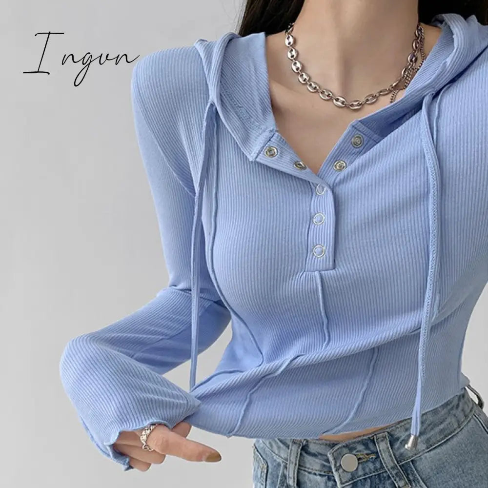 Ingvn - Crop Tops 2023 Fashion T-Shirts For Women Hooded Sweatshirt Long Sleeve Tees Y2K Clothes