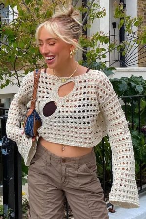 Ingvn - Hot Sell Irregular Hollow Out Knitted Y2K T - Shirts Women Summer Vacation Clothes O Neck