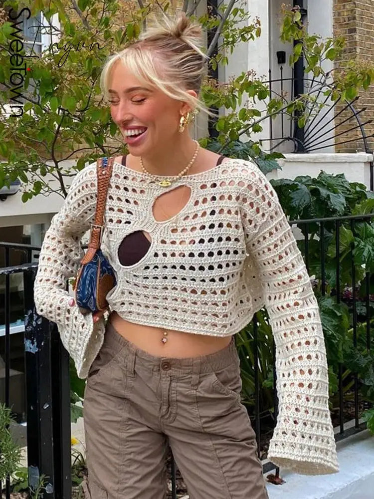 Ingvn - Hot Sell Irregular Hollow Out Knitted Y2K T - Shirts Women Summer Vacation Clothes O Neck