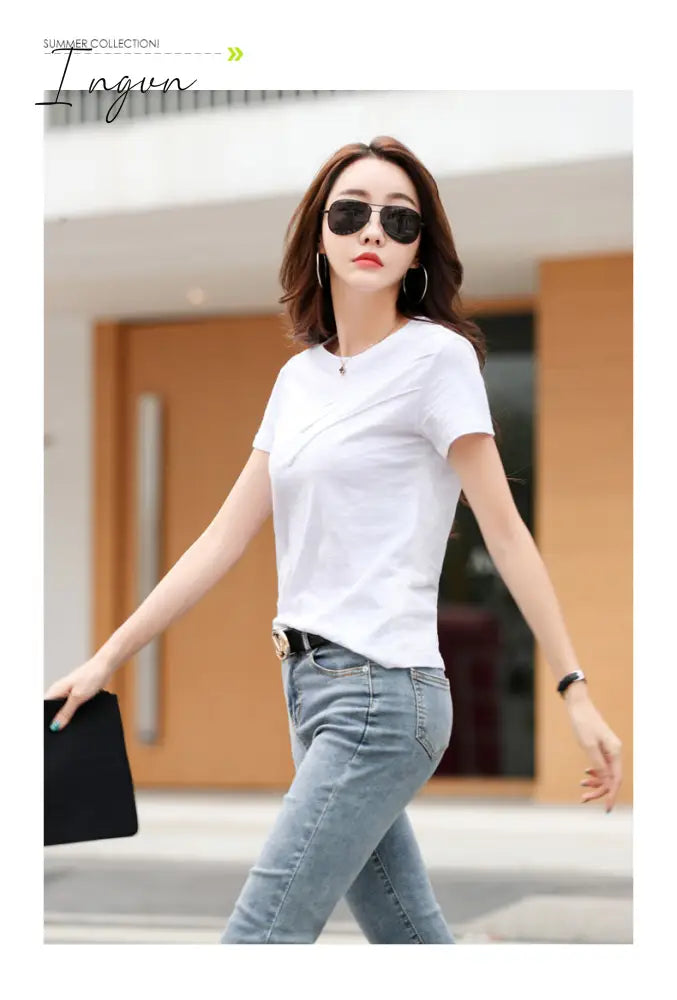 Ingvn - Short Sleeve Summer Women Ribbed Cotton Tee - Shirts Female Button Loose Casual Fashion T -