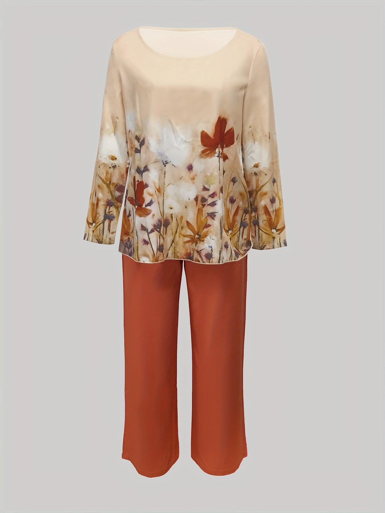 Trendy Floral Print Two-piece Set - Stylish Long Sleeve T-shirt & Wide Leg Pants Outfit - Comfortable Casual Wear for Women - Image 3