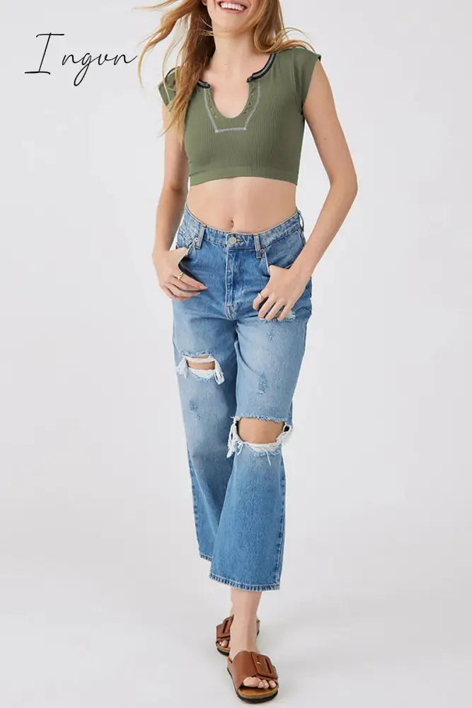 Ingvn - Sexy Street Solid Patchwork U Neck T-Shirts Tops/Tees & T-Shirts