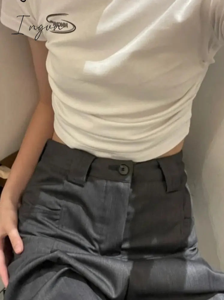 Ingvn - Fashion T-Shirt O-Neck Short Sleeve White Woman Tshirts Crop Tops Y2K Clothes Tunic Folds