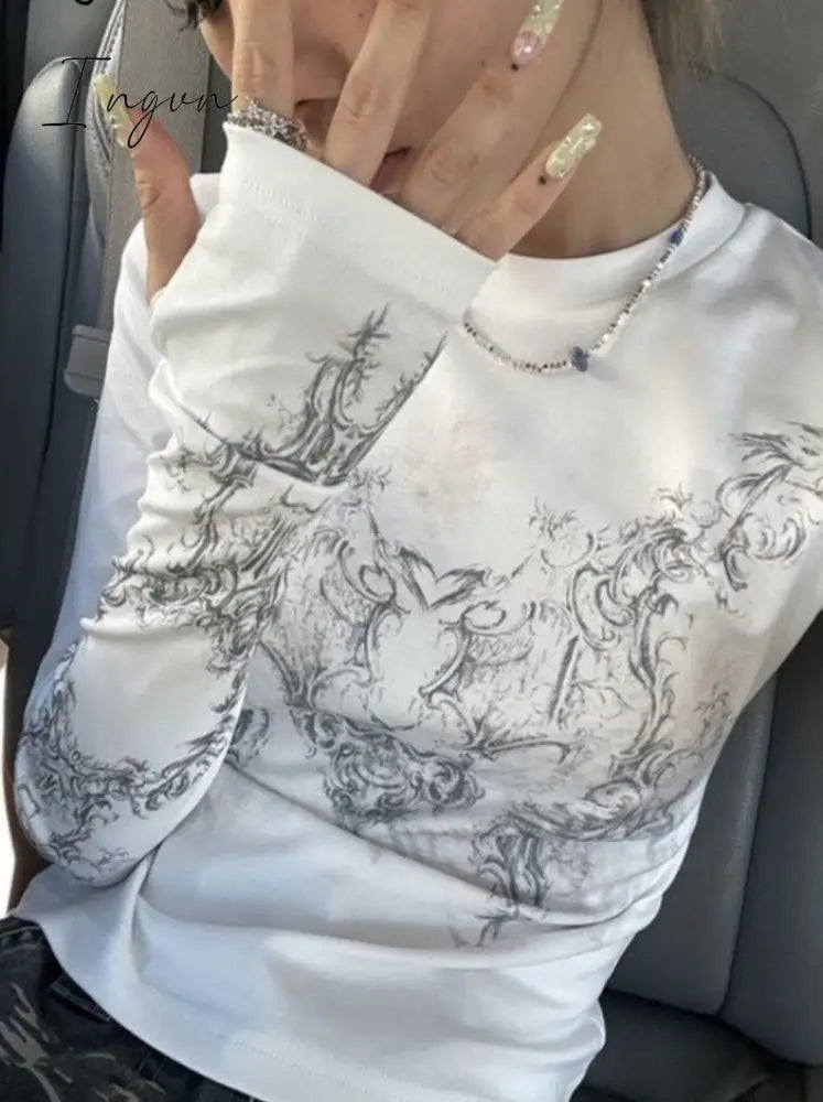 Ingvn - Vintage Women Clothes Y2K T-Shirts 2023 Blusas Mujer De Moda O-Neck Long Sleeve Print Tunic
