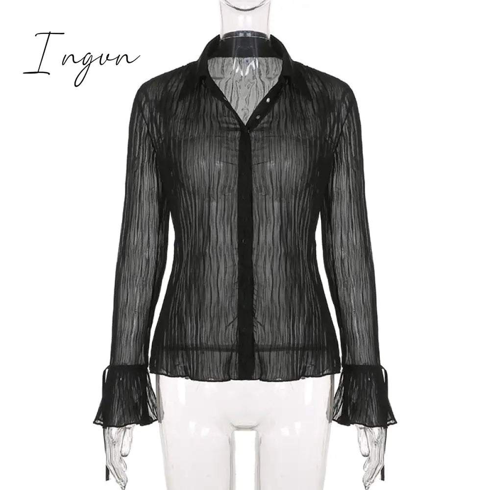 Ingvn - Hot Sell Vintage White Folds Cute Y2K Shirts Women Elegant Fashion Flared Sleeve Button
