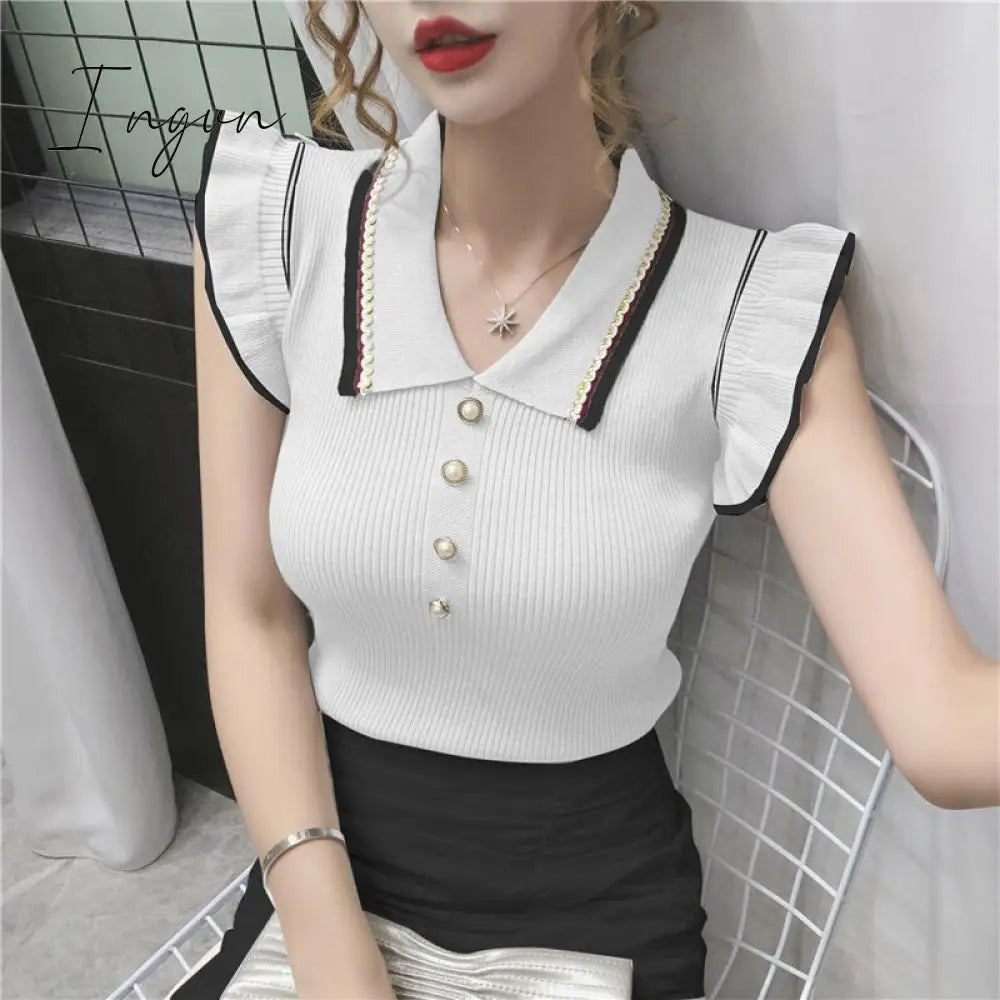 Ingvn - Womens Fashion Trends Summer Korean Slim Crop Tops Women Turn - Down Collar Knitted T -