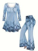 Plus Size Womens Fashion Plant Print T-Shirt & Flare Pants Set - Casual Comfort-Fit Outfit, Round Neck Long Sleeve Top with Trendy Flare Leg Bottoms for Stylish Seasonal Wear