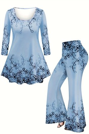 Plus Size Womens Fashion Plant Print T-Shirt & Flare Pants Set - Casual Comfort-Fit Outfit, Round Neck Long Sleeve Top with Trendy Flare Leg Bottoms for Stylish Seasonal Wear