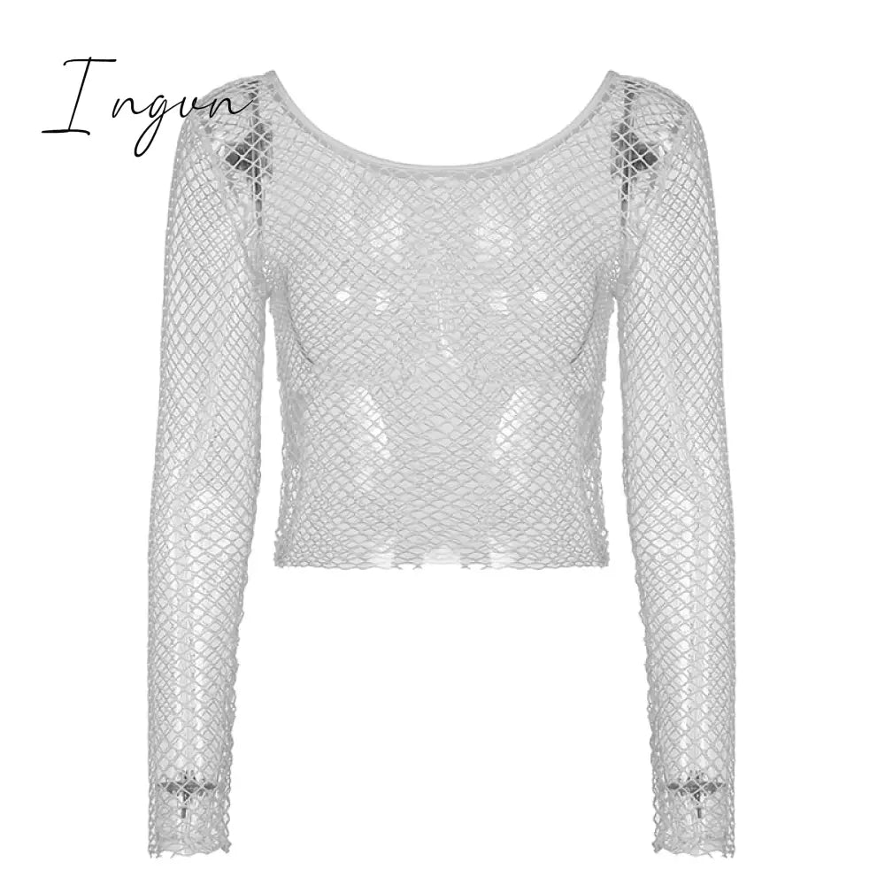 Ingvn - Hot Sell Hollow Out See Through Sexy Slash Neck Fishnet Mesh T - Shirts Women Cute Club