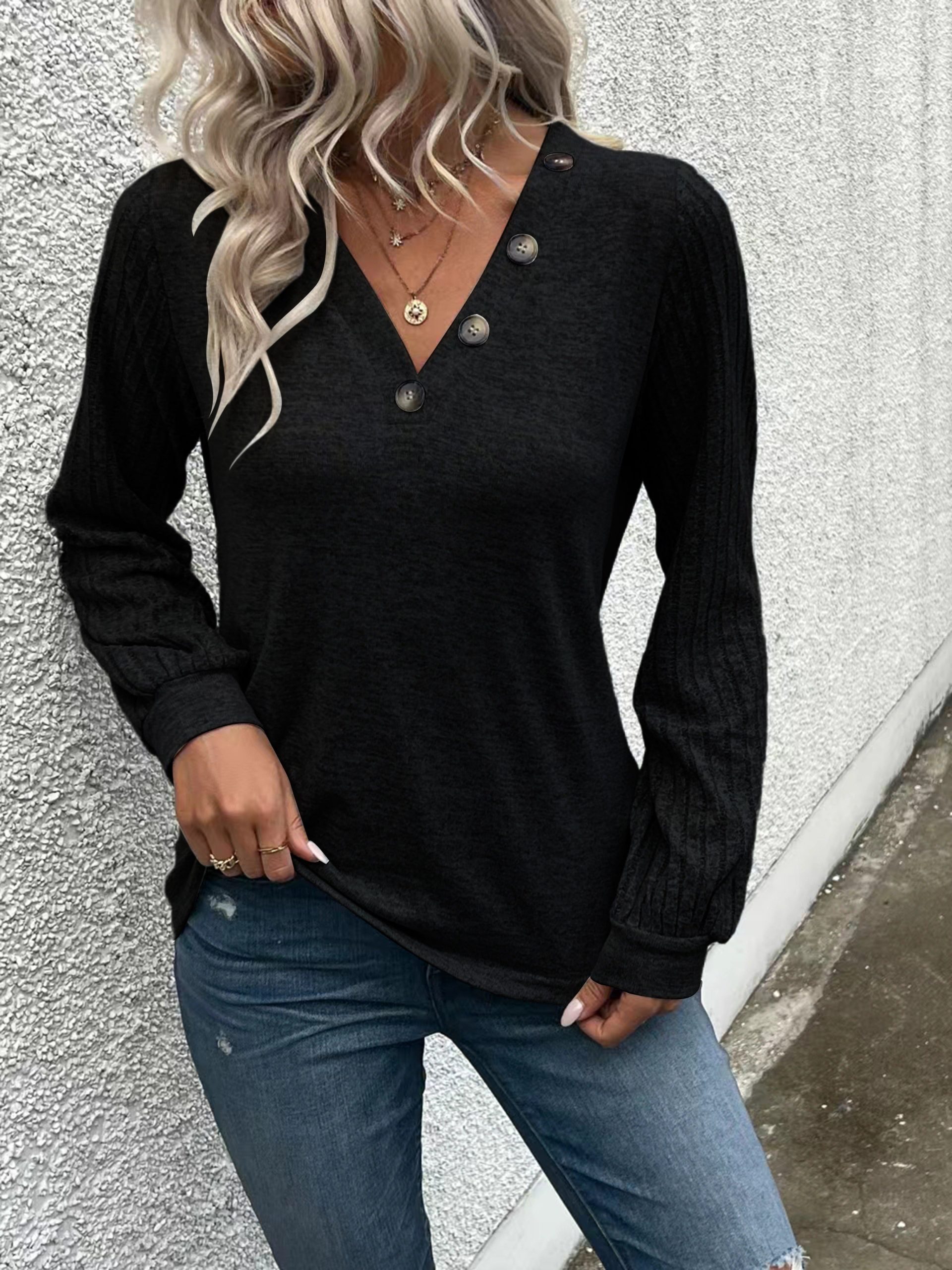 Stylish V Neck Long Sleeve Ribbed T-shirt - Women's Elegant Daily T-Shirts with Buttons - Soft, Breathable, and Comfortable Clothing for Everyday Wear - Image 9