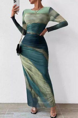 Fashion Mesh Printing Pleated Sexy Tight Split Crewneck dress