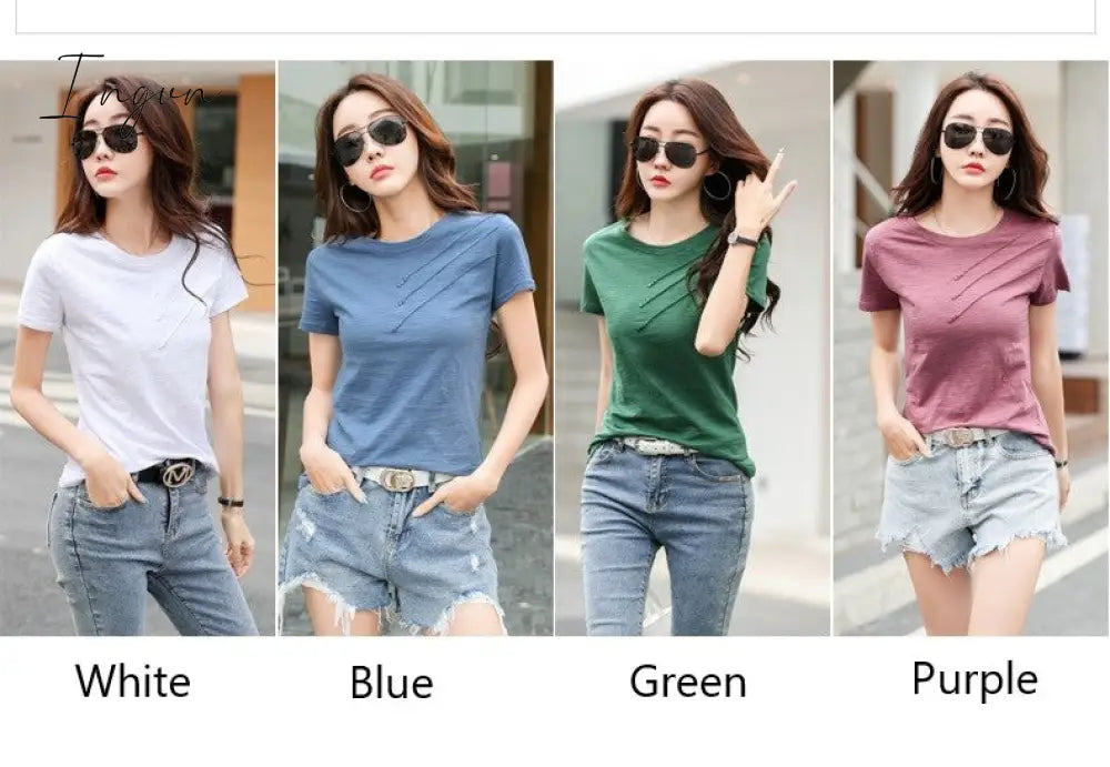 Ingvn - Short Sleeve Summer Women Ribbed Cotton Tee - Shirts Female Button Loose Casual Fashion T -