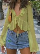 Ingvn - Summer Outfits Vintage 90S Streetwear Ruffles Trim Green Chiffon T - Shirts Y2K Fashion