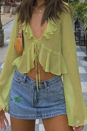 Ingvn - Summer Outfits Vintage 90S Streetwear Ruffles Trim Green Chiffon T - Shirts Y2K Fashion