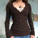 Ingvn - Womens Fashion Button Up Fairy Grunge Aesthetic Casual T-Shirts Retro Y2K Ribbed Lace