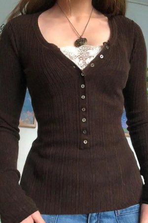 Ingvn - Womens Fashion Button Up Fairy Grunge Aesthetic Casual T-Shirts Retro Y2K Ribbed Lace