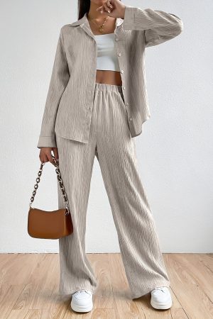 Stylish Solid Color Pantsuits - Women's Clothing - Long Sleeve Button Front Collared Shirt, Elastic Waist Wide Leg Pants, Comfortable Outfits for Daily Wear, Office, Party, and Casual Occasions