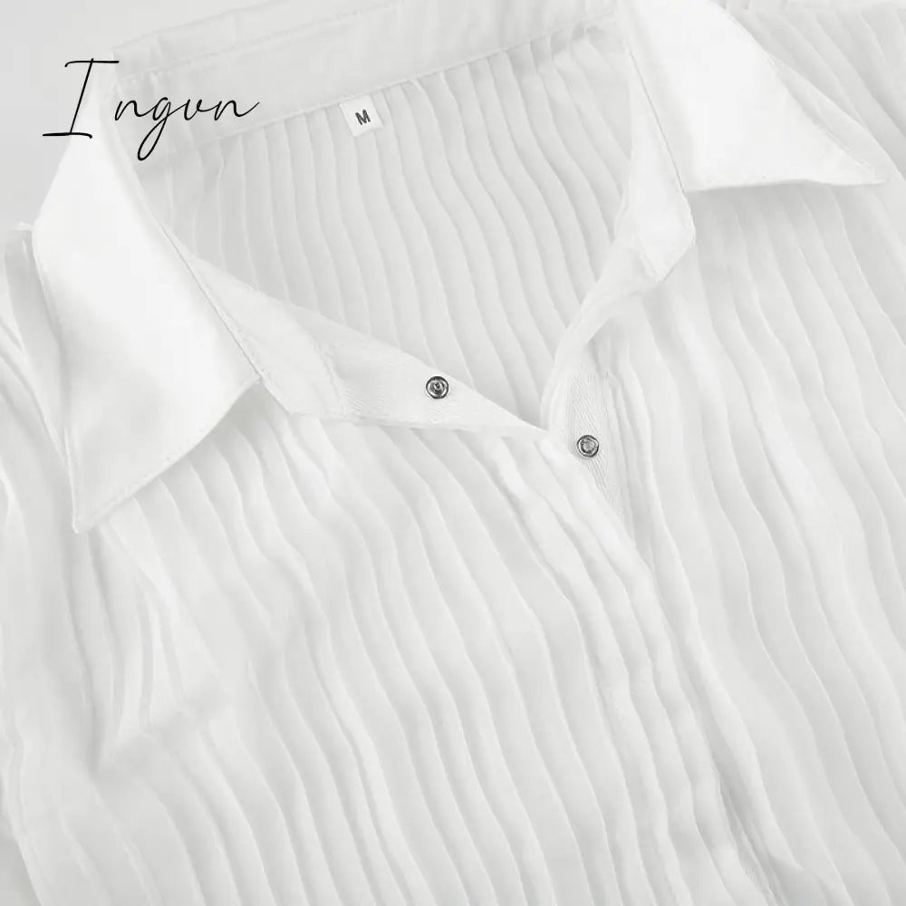 Ingvn - Hot Sell Vintage White Folds Cute Y2K Shirts Women Elegant Fashion Flared Sleeve Button