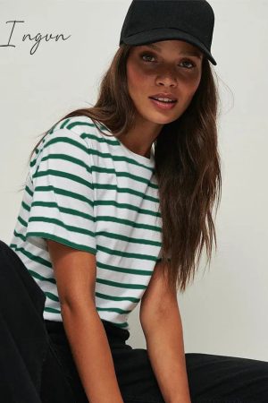 Ingvn - Ladies Loose Cotton Summer Short Sleeve O Neck Striped Basic T-Shirts Women T Shirt Casual