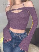 Ingvn - Y2K Top Women Long Sleeve T - Shirts 2 Piece Tops Halter Tanks Backless Crop Off Shoulder