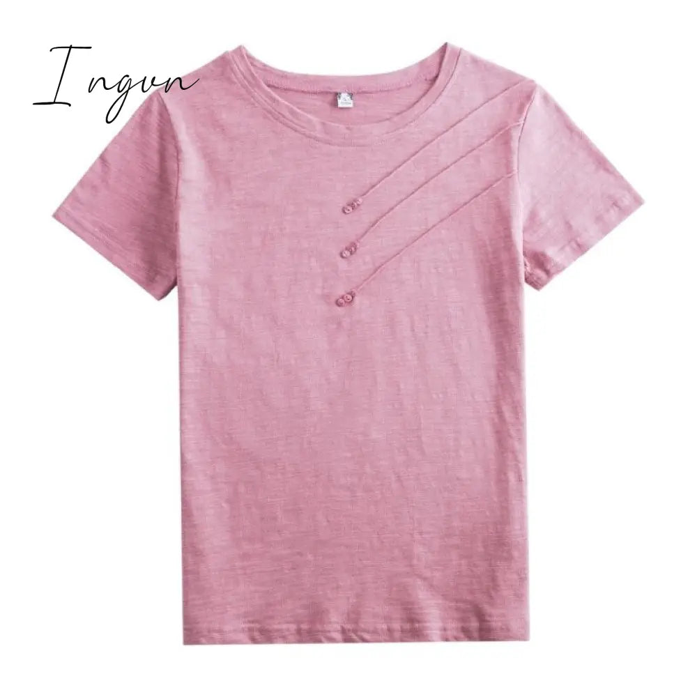 Ingvn - Short Sleeve Summer Women Ribbed Cotton Tee - Shirts Female Button Loose Casual Fashion T -