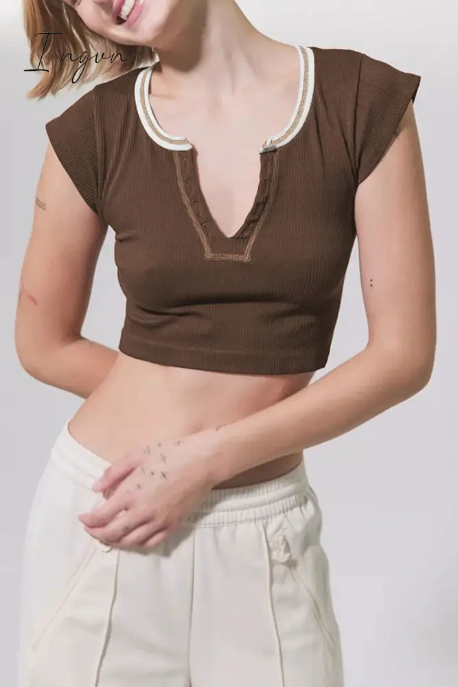 Ingvn - Sexy Street Solid Patchwork U Neck T-Shirts Coffee / S Tops/Tees & T-Shirts