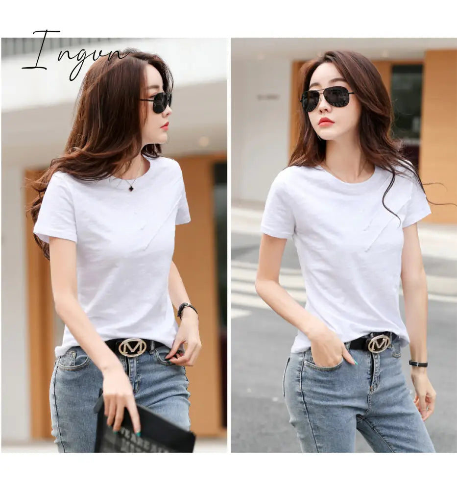 Ingvn - Short Sleeve Summer Women Ribbed Cotton Tee - Shirts Female Button Loose Casual Fashion T -