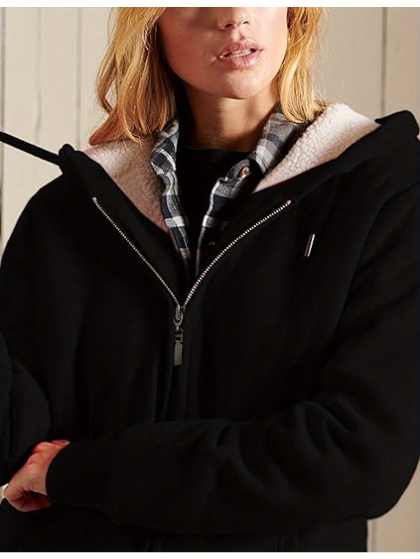 Full Zip Up Women's Casual Sherpa Lined Hoodie Sweatshirt Jacket Coat - Image 3