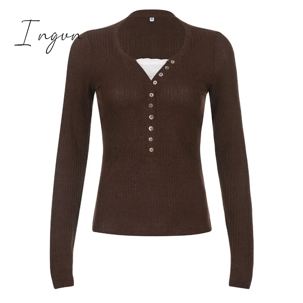 Ingvn - Womens Fashion Button Up Fairy Grunge Aesthetic Casual T-Shirts Retro Y2K Ribbed Lace