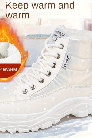 Women'S Winter Thickened Snow Boots High Top Platform Ankle Boots with Warm Fleece Lining, Solid Color, Round Toe, Low Heel, Fabric Insole, Polyurethane PU, Rubber Sole, Hand Washable