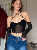 Ingvn - Hot Sell Slash Neck Sexy Black Mesh T - Shirts Women Lace Patchwork Rave Goth Clubwear