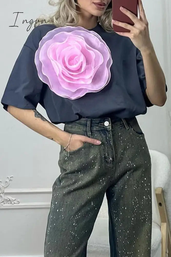 Casual Sweet Solid Flowers O Neck T-Shirts Tops/Tees & T-Shirts