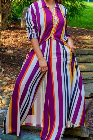 Plus Size Casual Outfits Set, Women's Plus Colorblock Stripe Print Button Up Long Sleeve Turn Down Collar Blouse & Wide Leg Pants Outfits 2 Piece Set