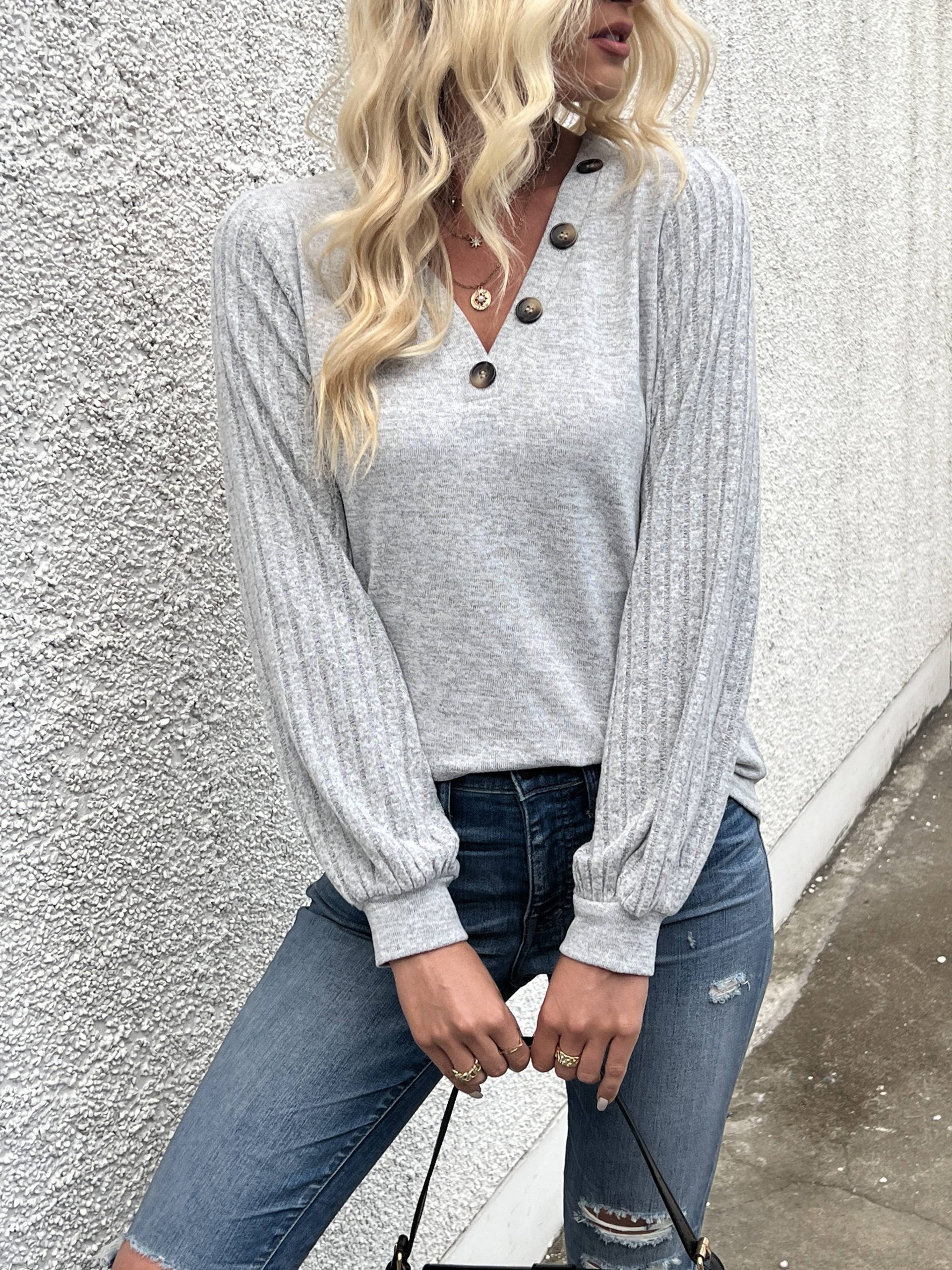 Stylish V Neck Long Sleeve Ribbed T-shirt - Women's Elegant Daily T-Shirts with Buttons - Soft, Breathable, and Comfortable Clothing for Everyday Wear - Image 11