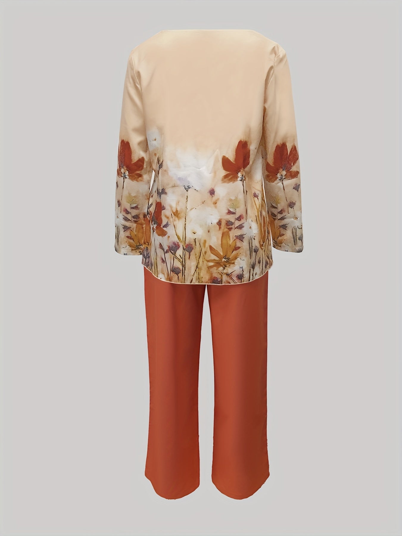 Trendy Floral Print Two-piece Set - Stylish Long Sleeve T-shirt & Wide Leg Pants Outfit - Comfortable Casual Wear for Women - Image 2
