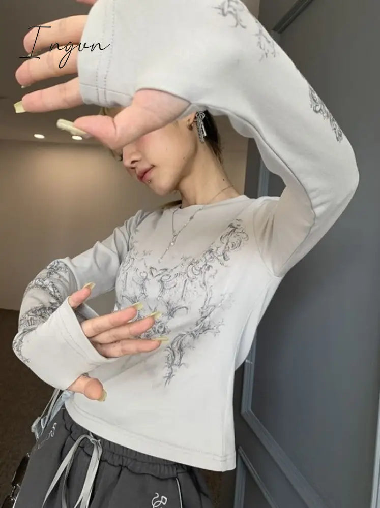 Ingvn - Vintage Women Clothes Y2K T-Shirts 2023 Blusas Mujer De Moda O-Neck Long Sleeve Print Tunic